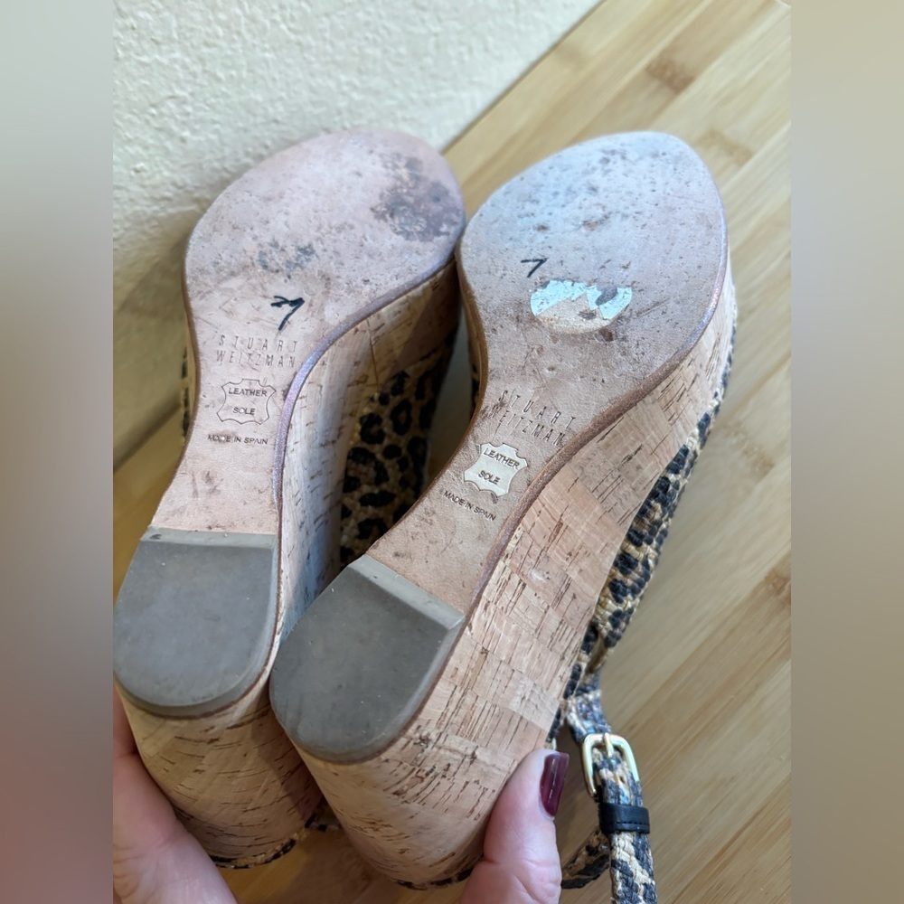 Stuart Weitzman Woven Leopard-Print Cork Slingback Wedges 8.5 Narrow - Picture 7 of 10